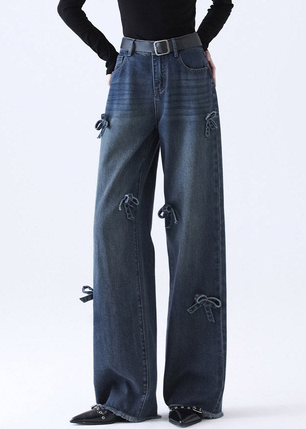 Natural Denim Blue Pockets Patchwork Bow Wide Leg Jeans Spring