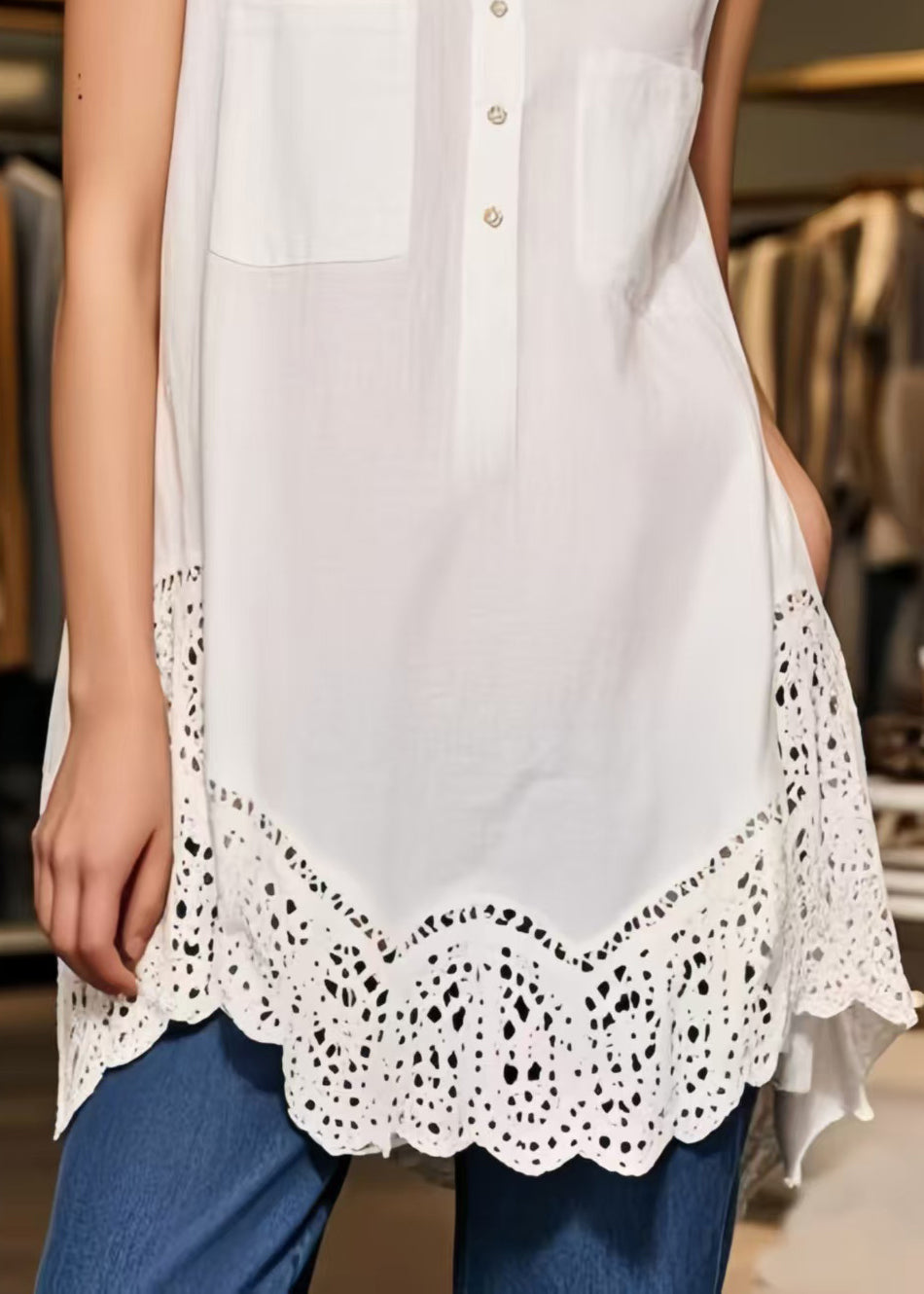 Natural White Peter Pan Collar Hollow Out Cotton Top Sleeveless