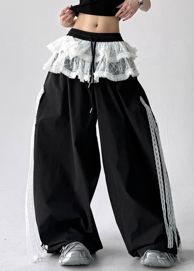 Black Elastic Waist Cotton Fall Pants Lace Asymmetrical Fall