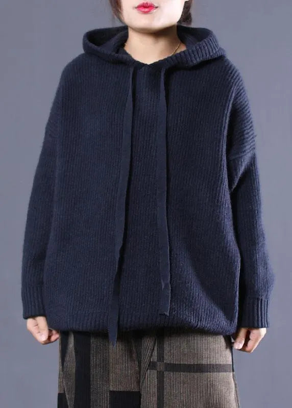 Diy Navy Hooded Loose Fall Knitted Top