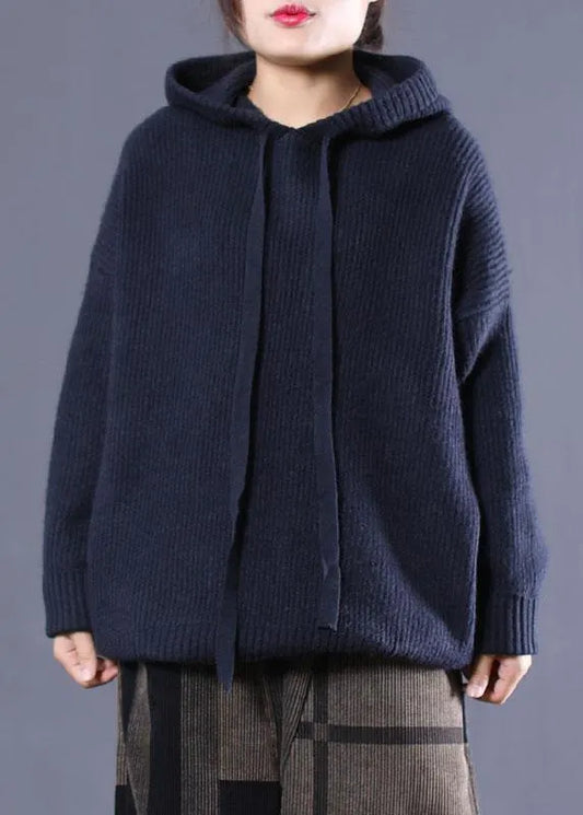 Diy Navy Hooded Loose Fall Knitted Top