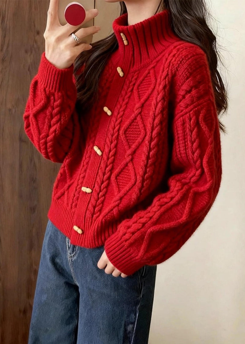 Red Stand Collar Cable Knit Cardigan Winter