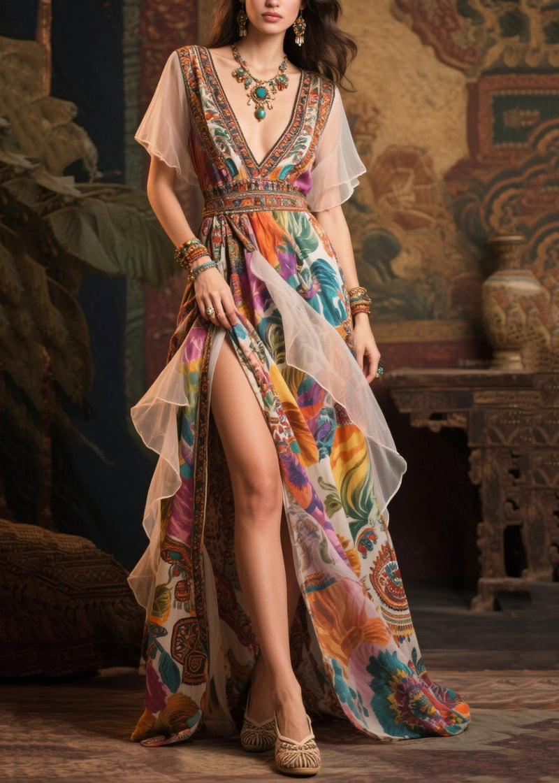 Khaki Print Patchwork Side Open Chiffon Evening Dress Summer