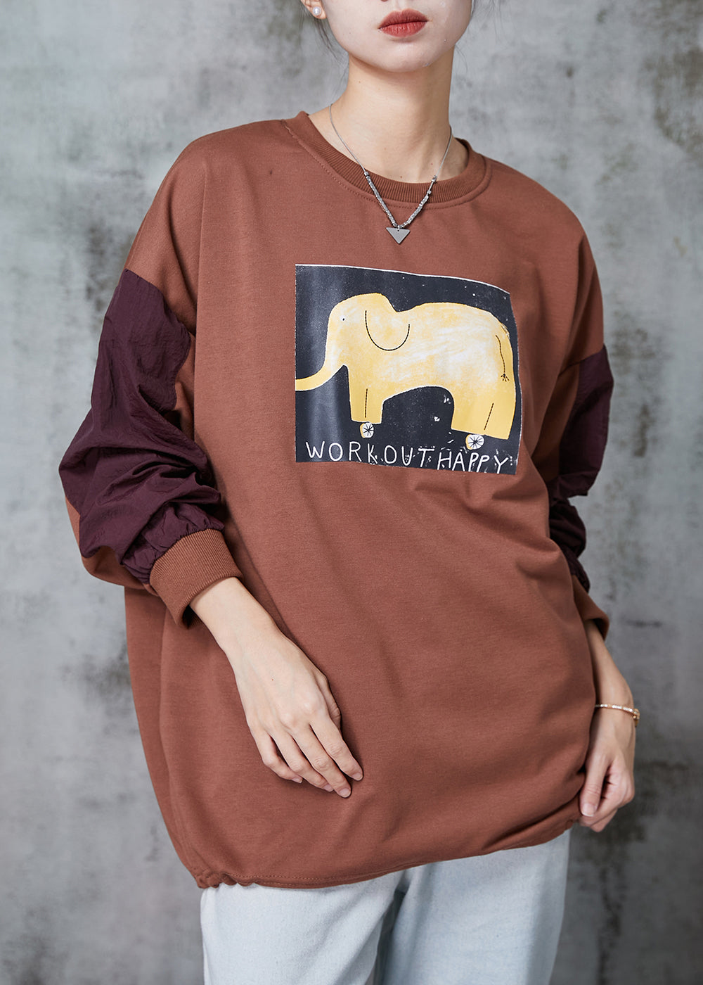 Brown Oversized Patchwork Cotton Sweatshirt Spring