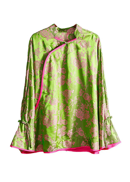 Green Stand Collar Chinese Button Patchwork Jacquard Silk Shirt Long Sleeve
