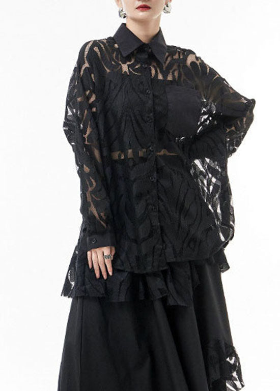 Simple Black Button Peter Pan Collar Patchwork Lace Shirts Spring