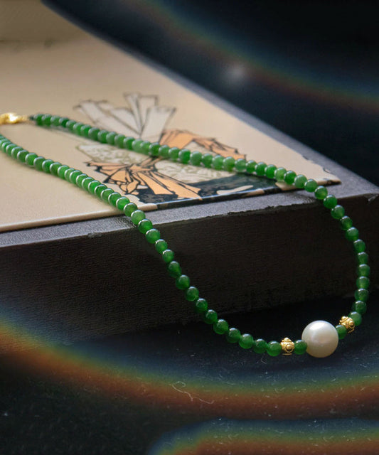 Modern Green Sterling Silver Overgild Jade Pearl Graduated Bead Necklace