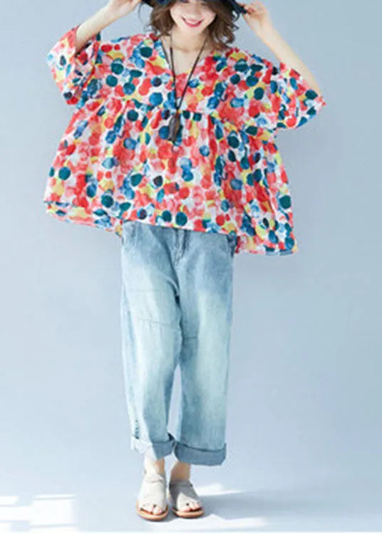 Flare Sleeve V Neck Patchwork Print Fall Blouse Tops