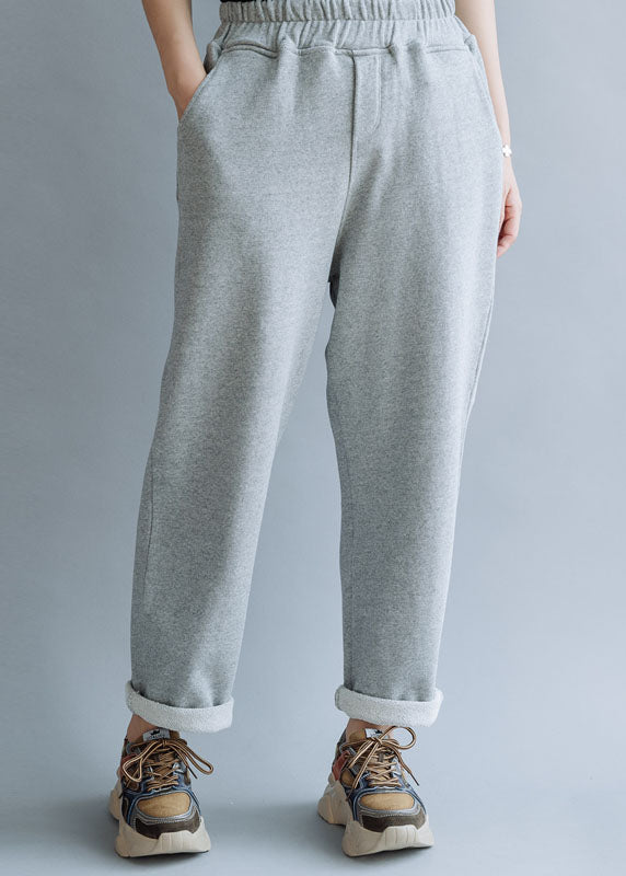 Grey Elastic Waist Cotton Straight Pants Spring