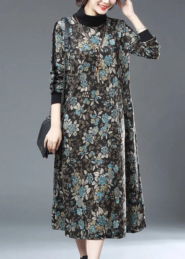 Blue Turtleneck Print Patchwork Warm Fleece Long Dresses Fall
