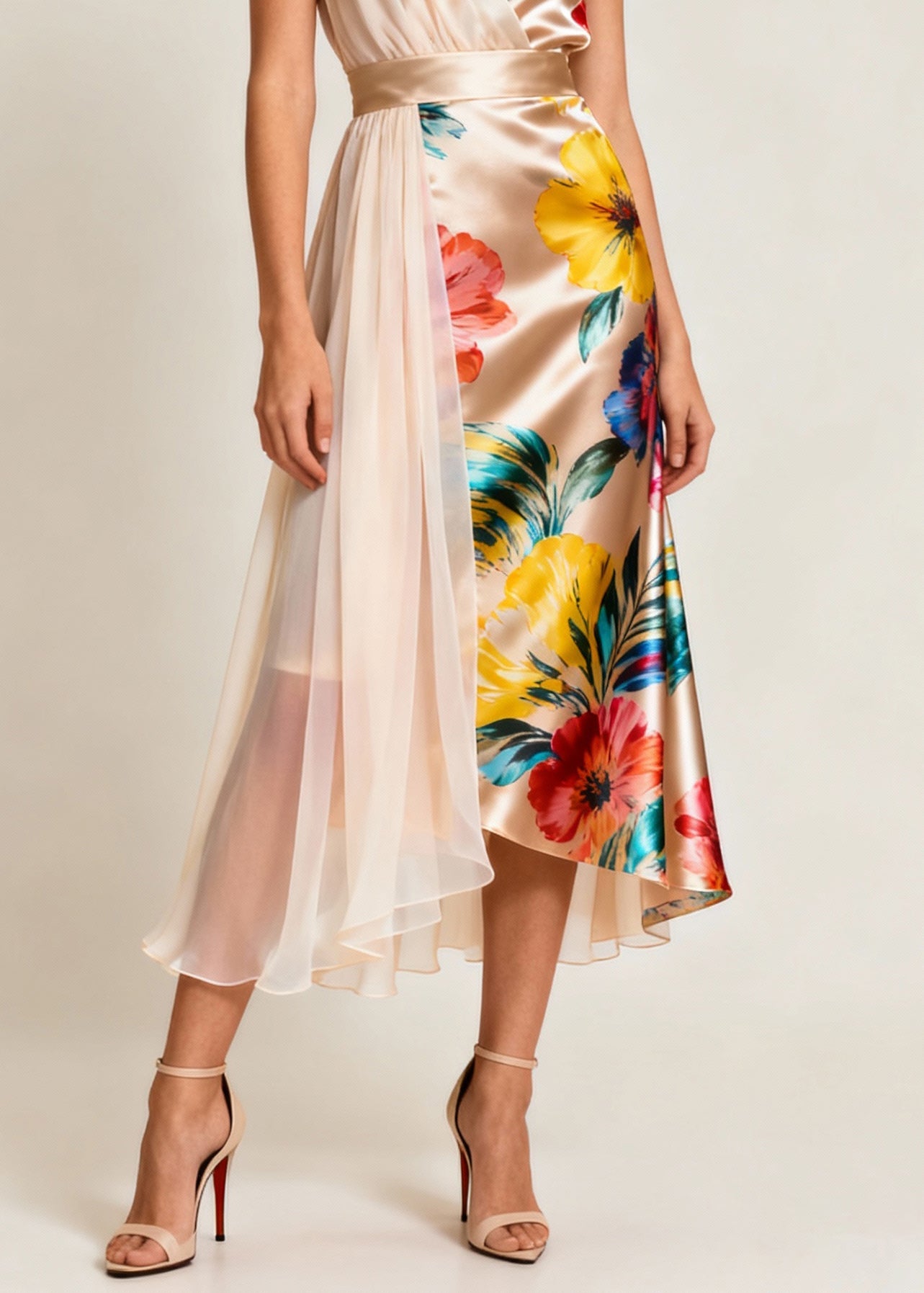 Champagne Color Asymmetrical Print Tulle Patchwork Dress Sleeveless