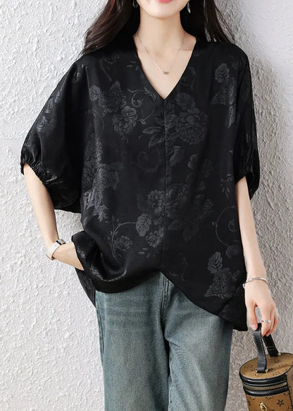 French Black V Neck Jacquard Silk Blouse Top Batwing Sleeve