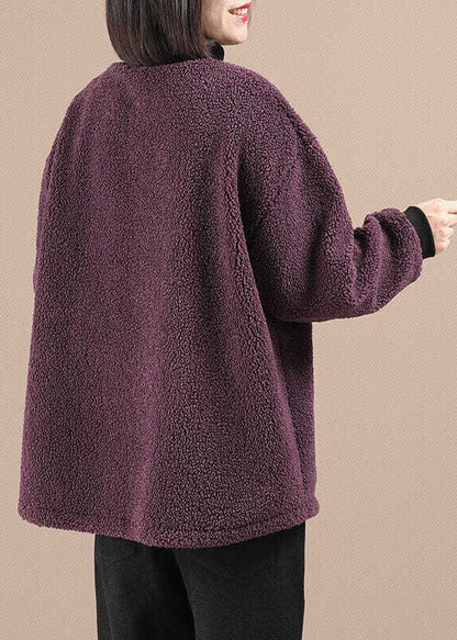 Purple Pockets Patchwork Faux Fur Fleece Sweatshirt Long Sleeve
