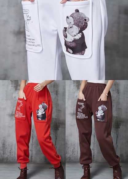 White Oversized Bear Print Warm Fleece Pants Winter