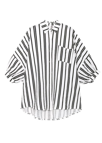 Black White Striped Pockets Button Shirt Tops Summer