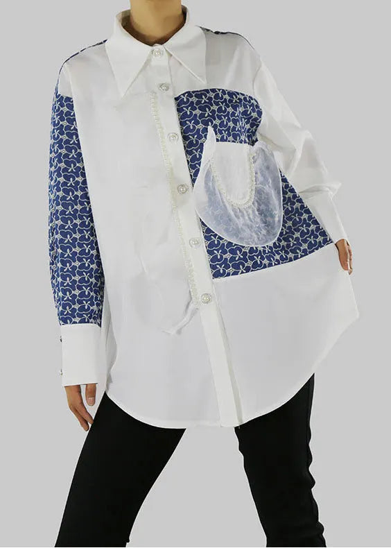White Peter Pan Collar Print Shirt Top Spring