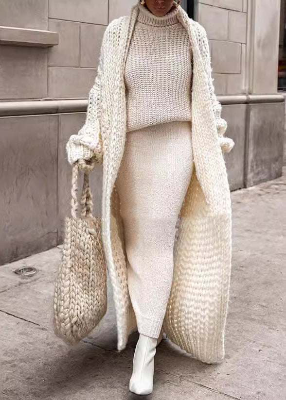 European and American Style White Puff Sleeve Knit Cardigan