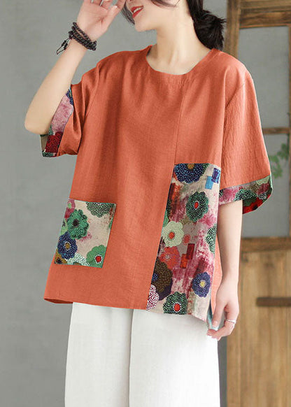 Orange O Neck Print Patchwork Linen T Shirt Top Summer