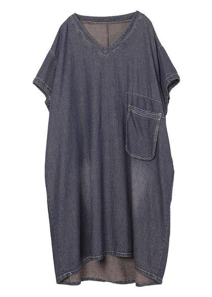 Black V Neck Pockets Denim Summer Maxi Dresses
