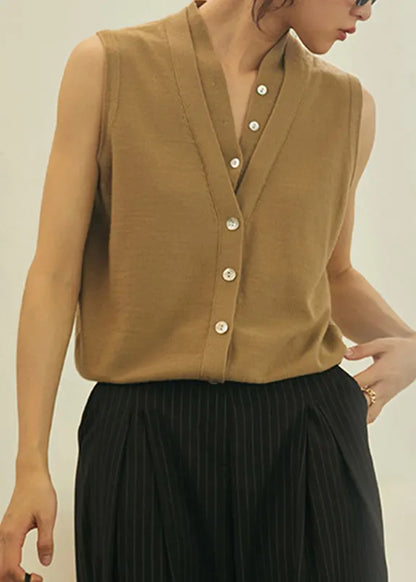 Art Khaki V Neck Thin Knit Woolen Top Summer
