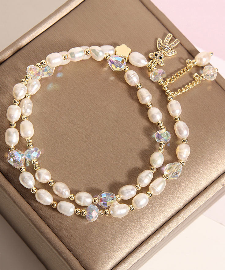 Champagne Alloy Inlaid Pearl Gem Stone Little Bear Charm Bracelet