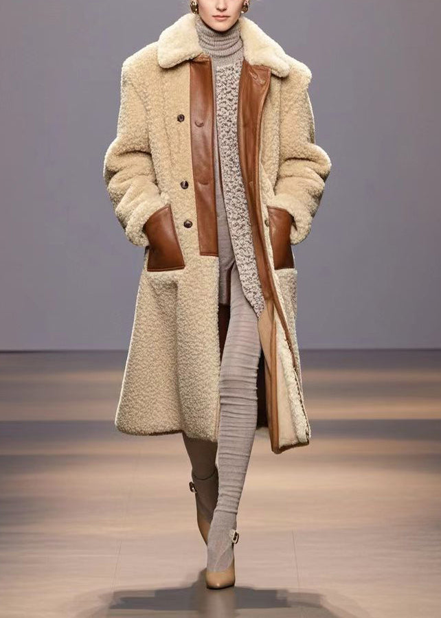 Beige Peter Pan Collar Patchwork Warm Fleece Coats Winter