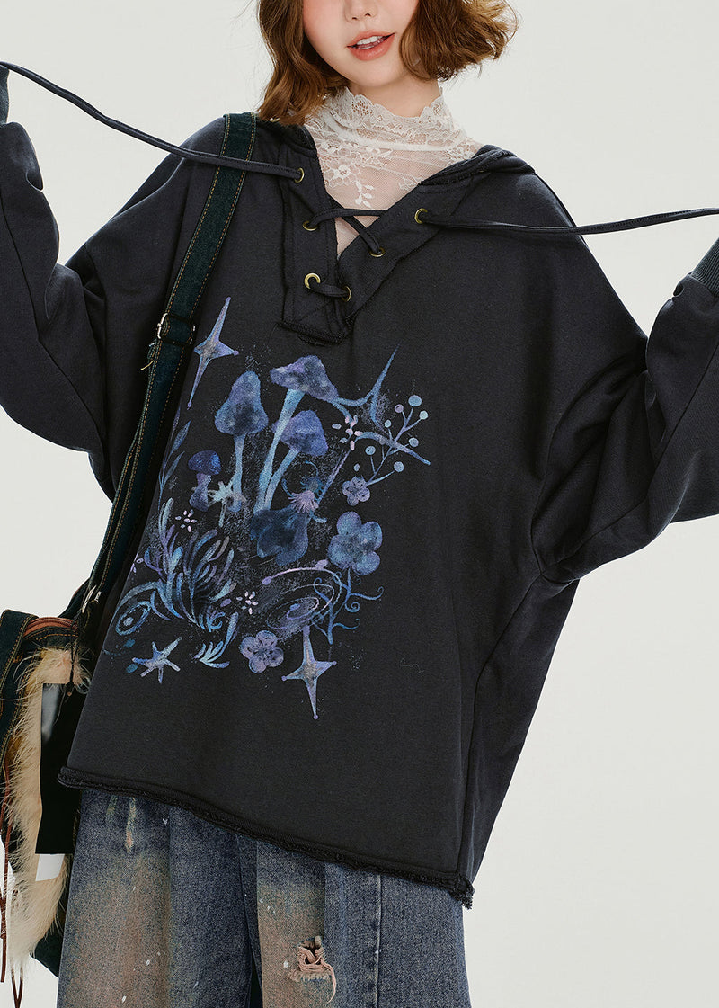 Dark Grey Hooded Print Cotton Pullover Sweatshirt Spring