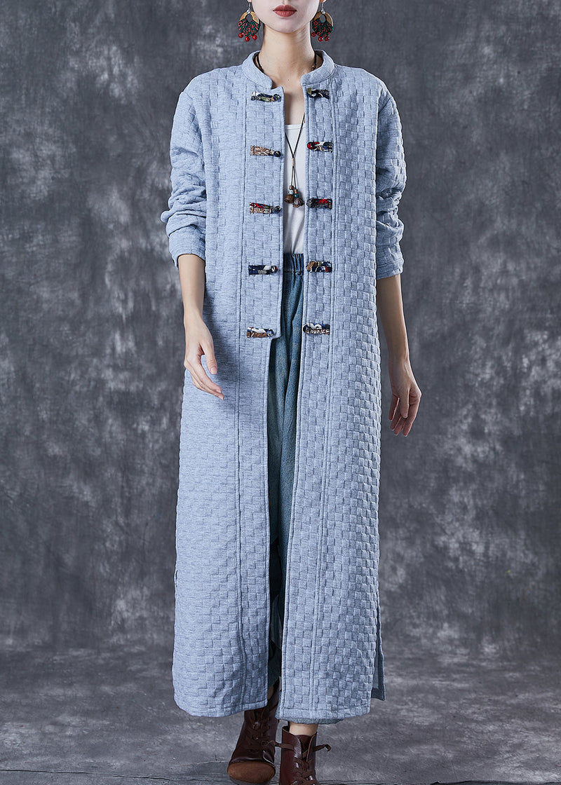 Blue Grey Chinese Button Cotton Trench Coats Fall