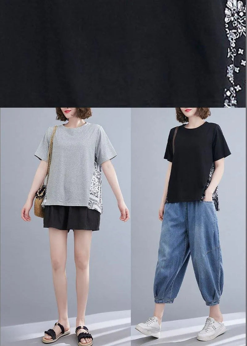 Black Patchwork Print O-neck Cotton Tops Summer