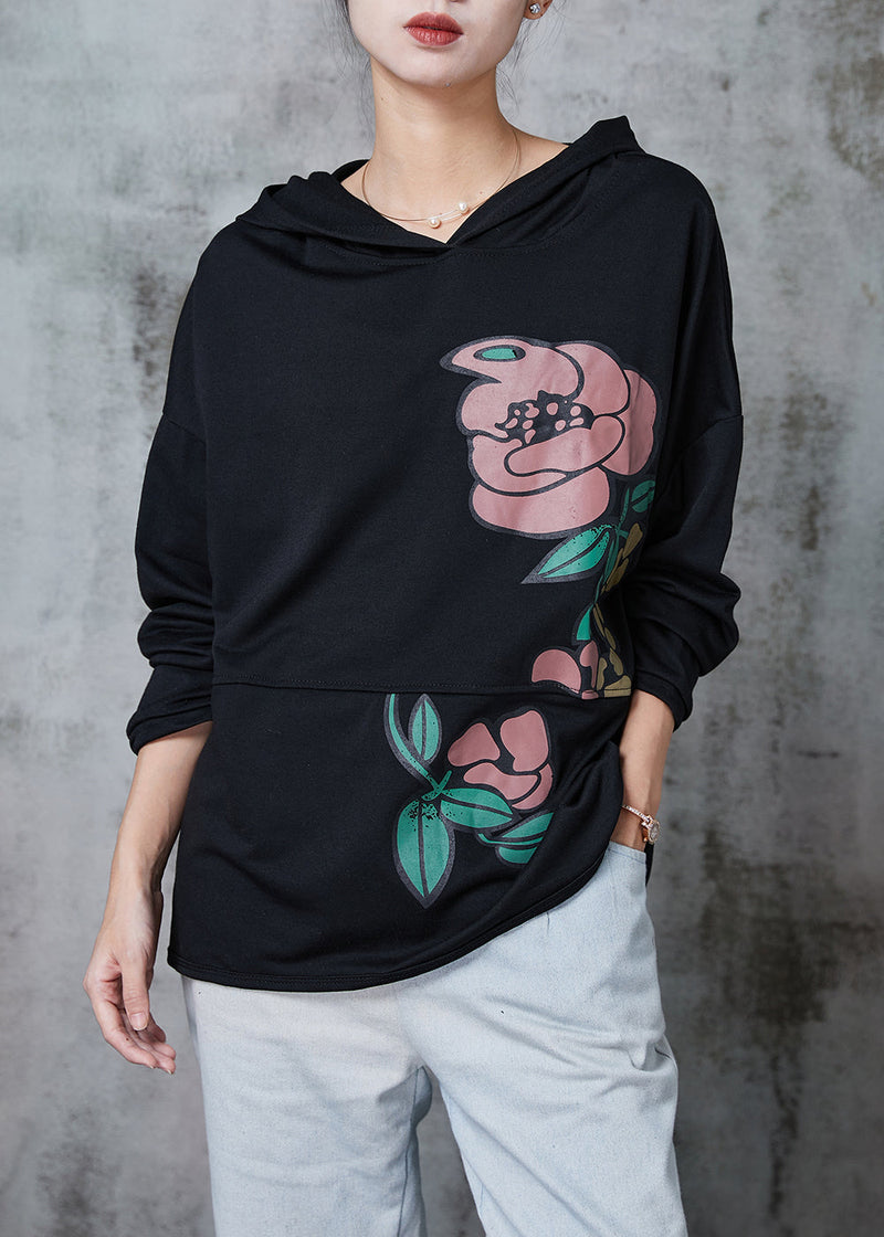 Black Patchwork Cotton Sweatshirt Oversized Spring