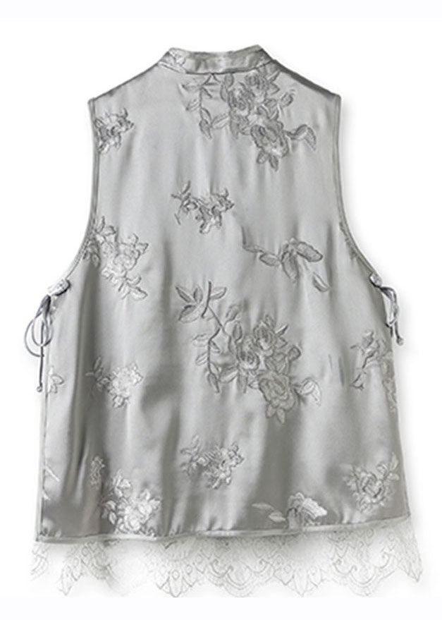 Diy Grey Embroideried Lace Patchwork Button Silk Coats Sleeveless