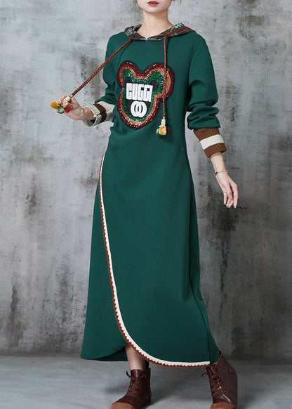 Green Bear Sequins Patchwork Cotton Sweatshirt Dress Spring
