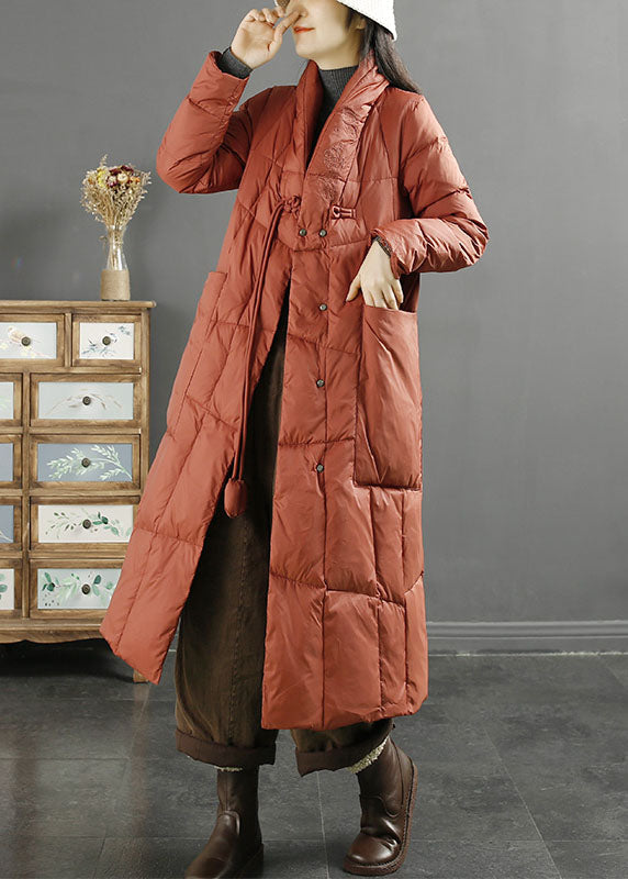 Purple Stand Collarembroideried Tassel Pockets Duck Down Down Coat Long Sleeve