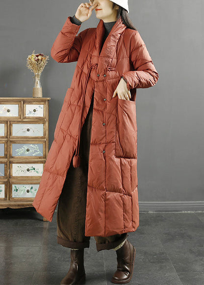 Purple Stand Collarembroideried Tassel Pockets Duck Down Down Coat Long Sleeve