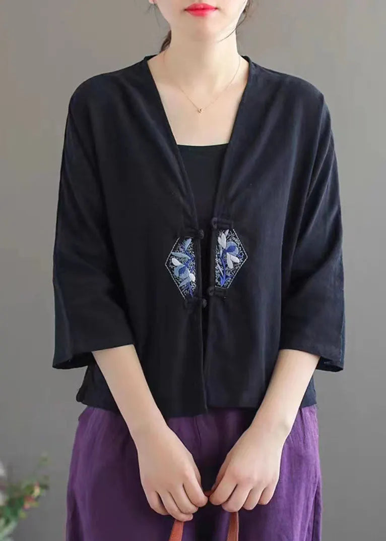 White Retro Embroideried Patchwork Summer Linen Blouse