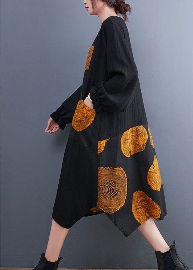 Yellow Patchwork Pockets Print Fall Dress Long Sleeve