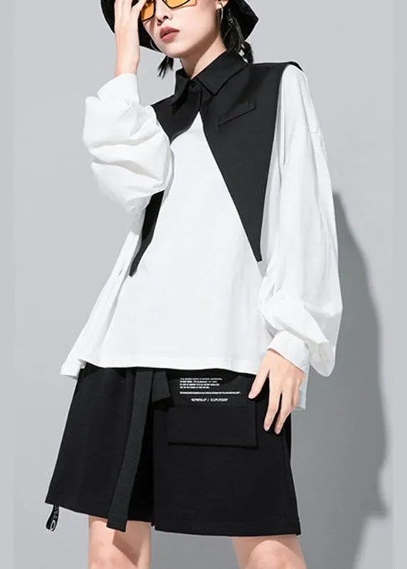 Modern White Lantern Sleeve Patchwork Peterpan Collar Fall Shirt Top