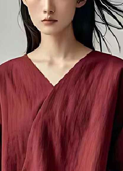 Dull Red Oversized Patchwork Linen Blouse Tops Summer