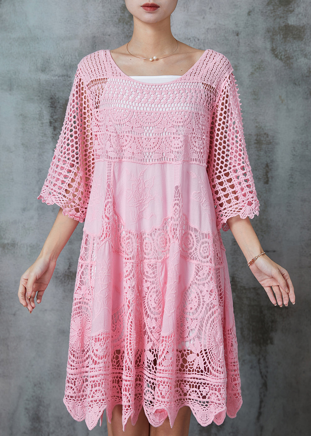 Pink Hollow Out Lace Holiday Dress Summer