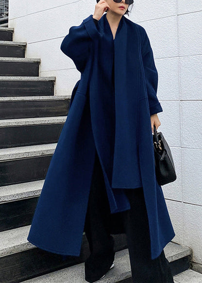 Blue Notched Tie Waist Woolen Coats Long Sleeve Winter