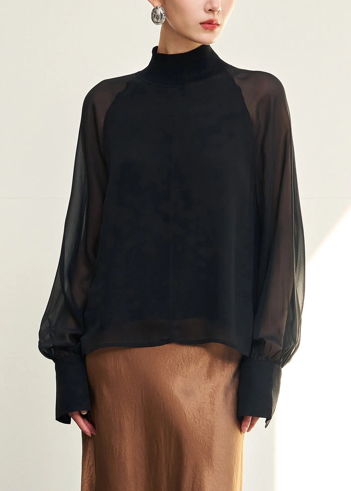 Loose Black Turtleneck Thin Silk Shirt Fall