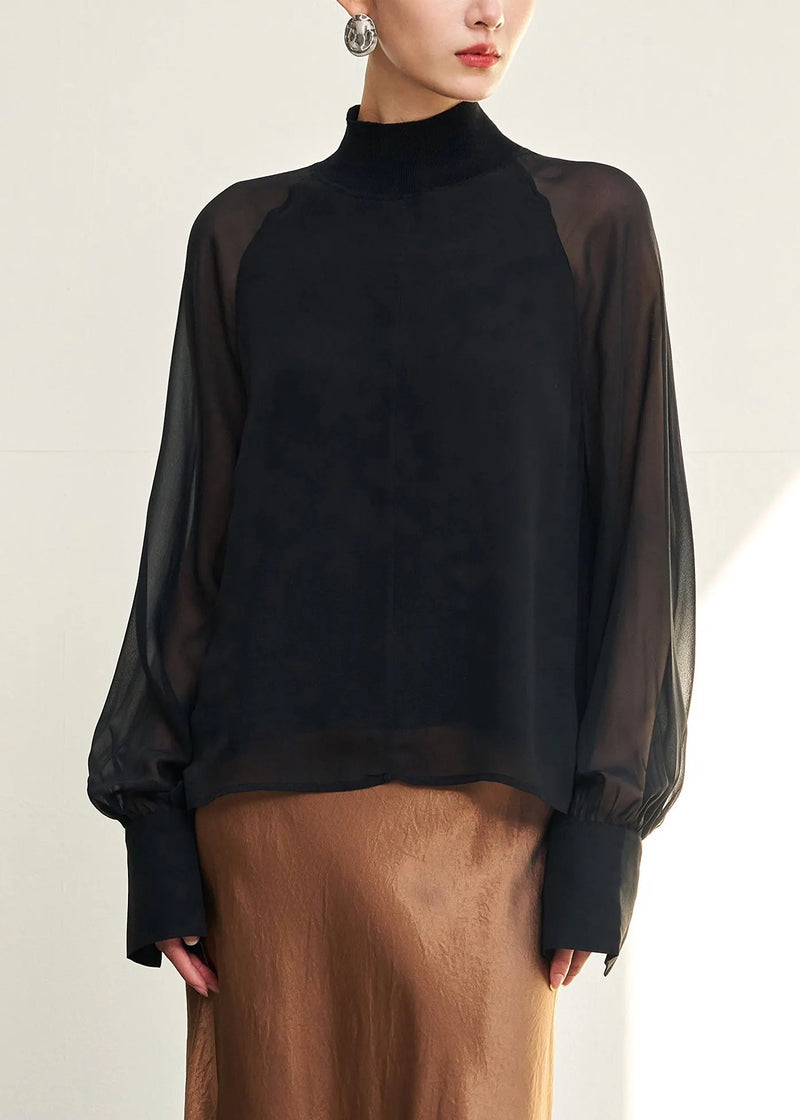 Loose Black Turtleneck Thin Silk Shirt Fall