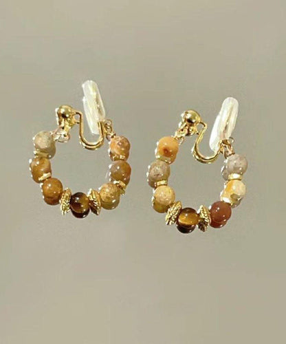 Retro Brown Copper Overgild Tiger's-eye Broken Hoop Earrings