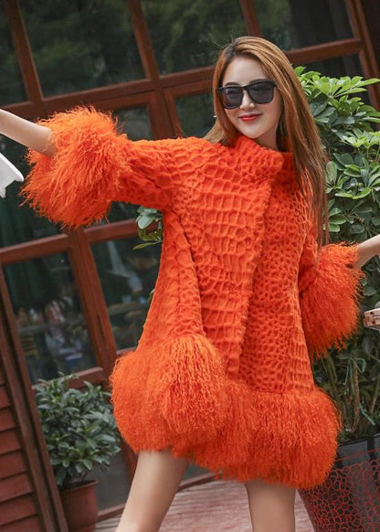 Orange Fluffy Patchwork Wool Coat Winter