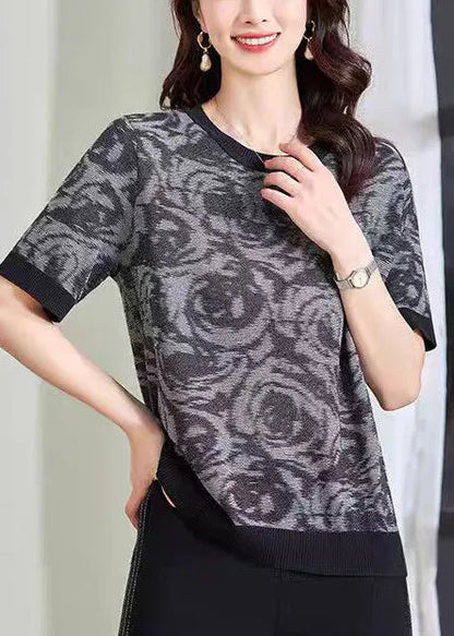 Diy Blue O-neck Print Knit Top Summer