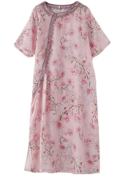 Pink Print Embroidery Oriental Summer Linen Dress