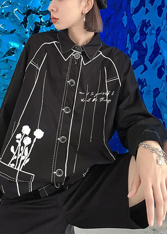 Black Print Drawstring Button Fall Long Sleeve Shirts