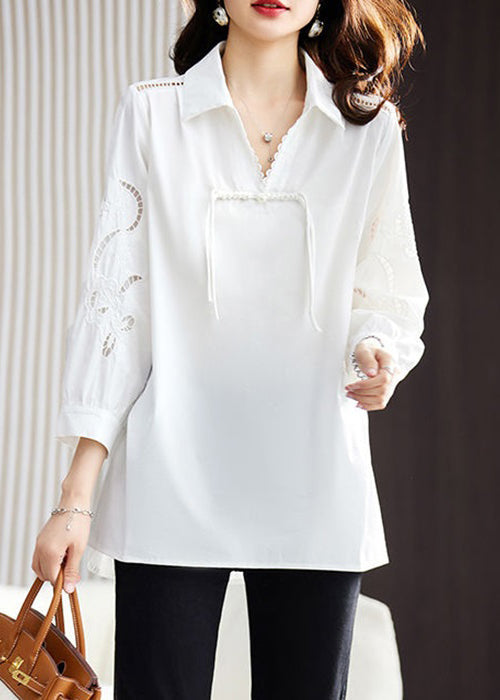 Loose White Embroideried Hollow Out Cotton Shirt Spring