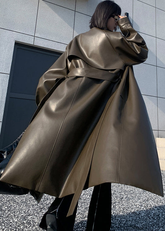 Blackish Green Tie Waist Faux Leather Warm Fleece Coats Winter