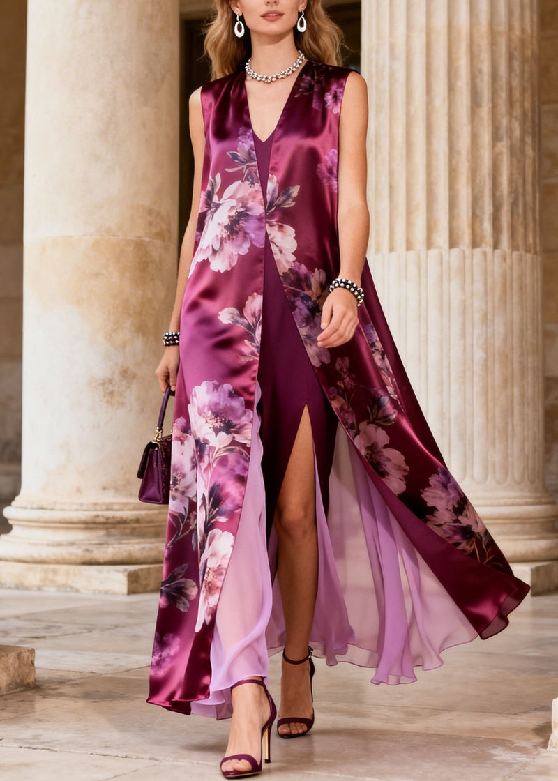 Art Purple V Neck Print False Two Pieces Chiffon Dresses Sleeveless